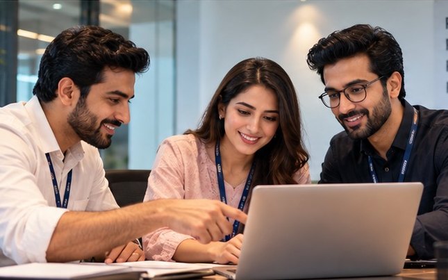 Three colleagues reviewing HR records together on a laptop